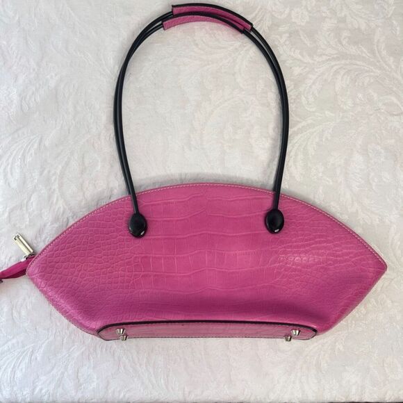 Pink Faux Croc Top Handle Satchel Bag Half Circle Vinyl‎ Approx 16x6 - Picture 2 of 11